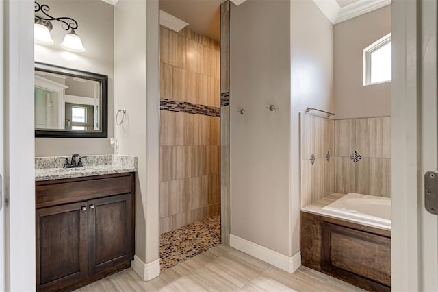 15728 Egerton Pl, Edmond, OK 73013 - full bath with a bath, a walk in shower, vanity, and crown molding