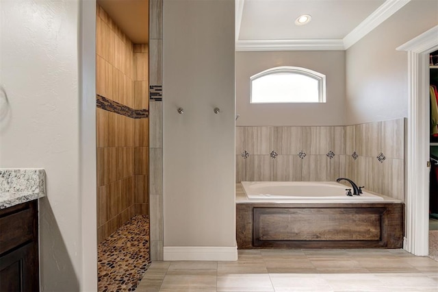 15728 Egerton Pl, Edmond, OK 73013 - full bathroom featuring a bath, a walk in shower, vanity, ornamental molding, and recessed lighting