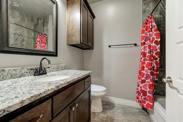 15728 Egerton Pl, Edmond, OK 73013 - bathroom with vanity, shower / tub combo with curtain, and marble finish floors