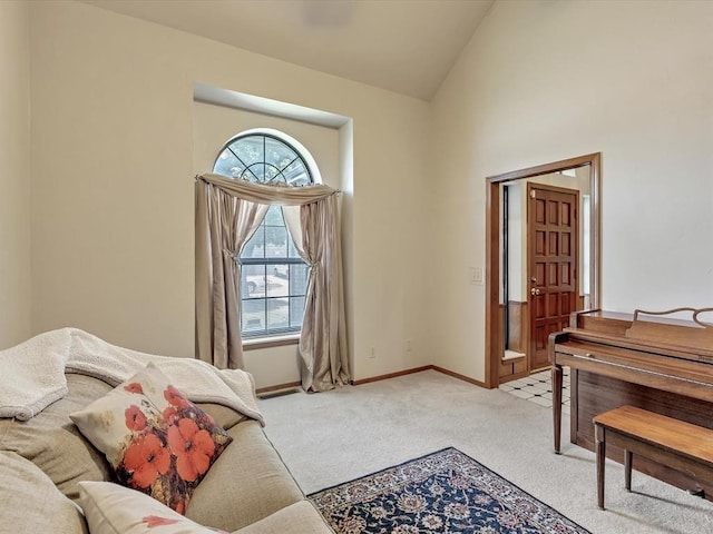 18317 Chestnut Oak Dr, Edmond, OK 73012 - living area with light carpet and high vaulted ceiling