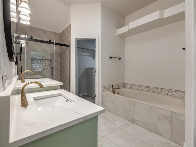 1340 NW 168th St, Edmond, OK 73012 - full bath with vanity, a bath, marble finish flooring, and a stall shower