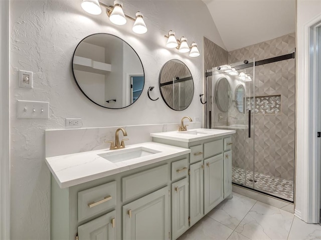 1340 NW 168th St, Edmond, OK 73012 - bathroom with vanity, lofted ceiling, a shower stall, marble finish floors, and a textured wall