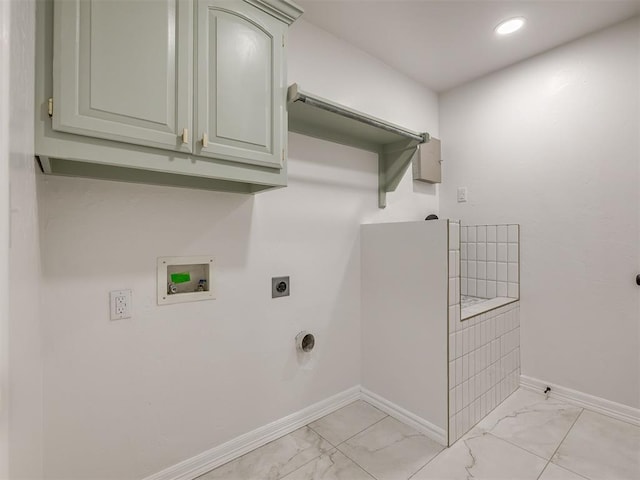 1340 NW 168th St, Edmond, OK 73012 - laundry area with light marble finish floors, cabinet space, washer hookup, electric dryer hookup, and recessed lighting