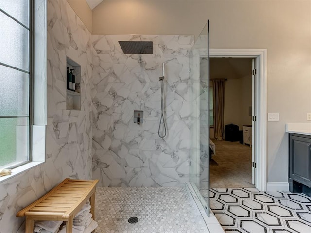 123 E Lakeview Trl, Edmond, OK 73003 - full bathroom with a marble finish shower and vanity