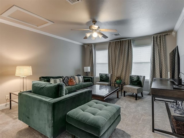 123 E Lakeview Trl, Edmond, OK 73003 - living room featuring light carpet, crown molding, and ceiling fan