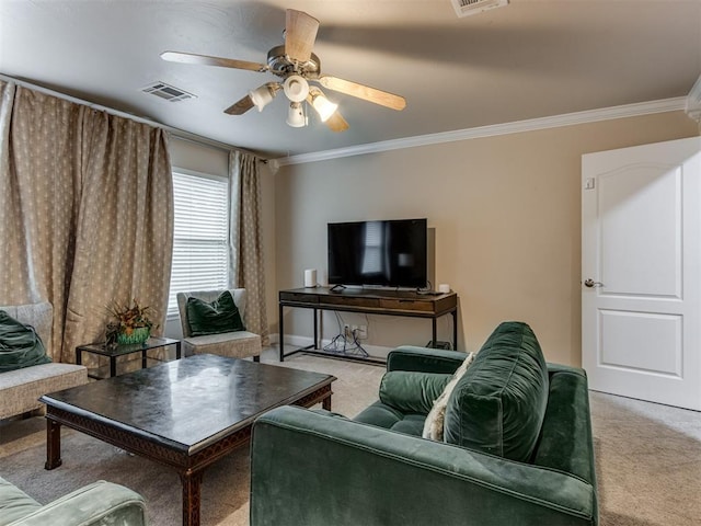 123 E Lakeview Trl, Edmond, OK 73003 - living area with carpet flooring, crown molding, and a ceiling fan