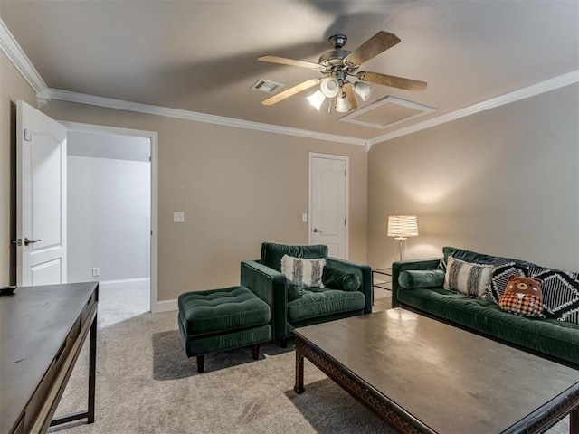 123 E Lakeview Trl, Edmond, OK 73003 - living room featuring crown molding, light colored carpet, and ceiling fan