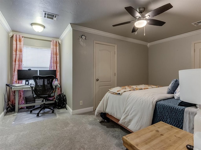 123 E Lakeview Trl, Edmond, OK 73003 - bedroom featuring carpet, ornamental molding, an office area, and ceiling fan