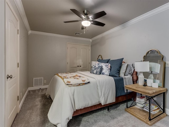 123 E Lakeview Trl, Edmond, OK 73003 - carpeted bedroom featuring ornamental molding and ceiling fan