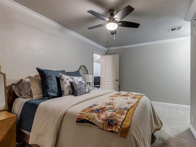 123 E Lakeview Trl, Edmond, OK 73003 - bedroom with carpet floors, ornamental molding, and a ceiling fan