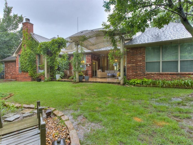 123 E Lakeview Trl, Edmond, OK 73003 - view of green lawn with an outdoor hangout area, a pergola, and a patio