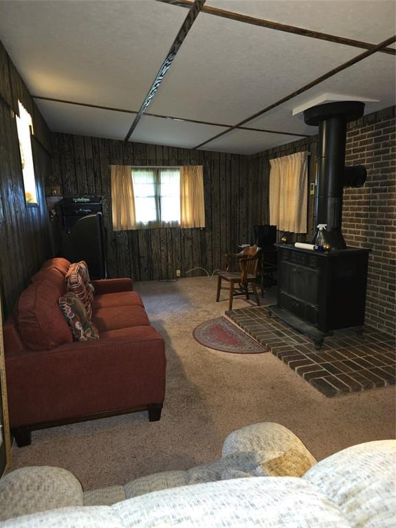 730 N Santa Fe St Unit 4052073333, Pauls Valley, OK 73075 - living area featuring a wood stove, carpet floors, and wood walls