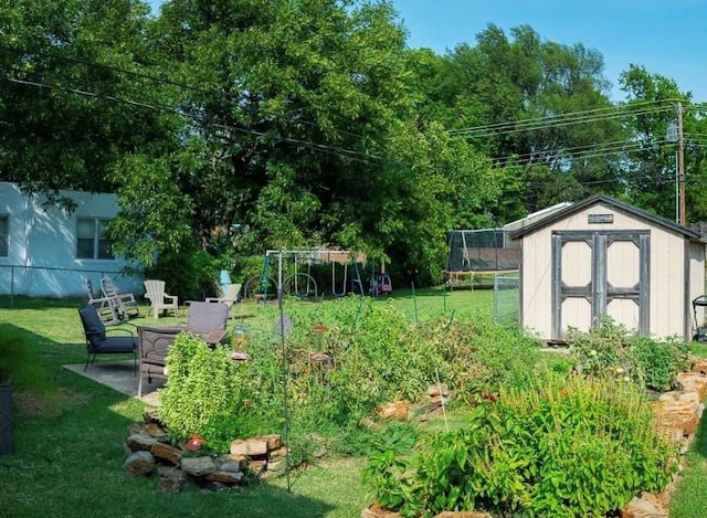 4508 N College Ave, Bethany, OK 73008 - view of grassy yard with a storage unit, a trampoline, and a patio