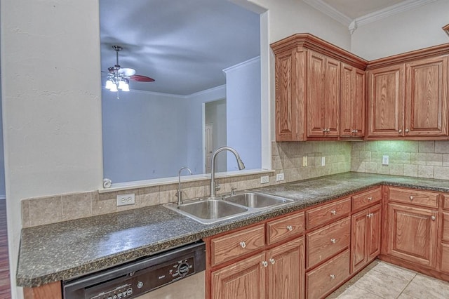 3900 Irvine Dr, Norman, OK 73072 - kitchen with dishwasher, ceiling fan, dark countertops, tasteful backsplash, and ornamental molding