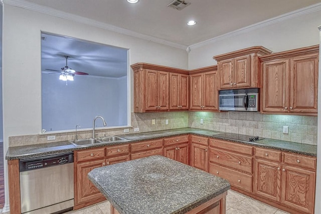 3900 Irvine Dr, Norman, OK 73072 - kitchen with appliances with stainless steel finishes, brown cabinets, light tile patterned flooring, a ceiling fan, and backsplash