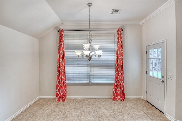 3900 Irvine Dr, Norman, OK 73072 - unfurnished dining area with a chandelier, vaulted ceiling, and crown molding