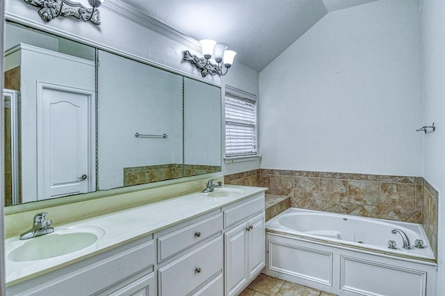 3900 Irvine Dr, Norman, OK 73072 - full bath featuring a chandelier, a garden tub, double vanity, lofted ceiling, and an enclosed shower