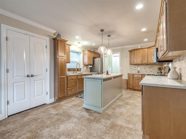 17213 Sunny Hollow Rd, Edmond, OK 73012 - kitchen with ornamental molding, backsplash, brown cabinets, light countertops, and recessed lighting