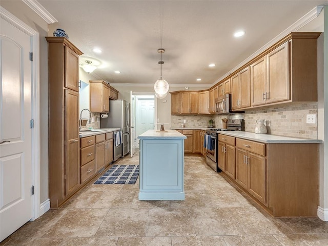 17213 Sunny Hollow Rd, Edmond, OK 73012 - kitchen with appliances with stainless steel finishes, light countertops, decorative backsplash, ornamental molding, and a kitchen island