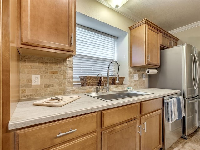 17213 Sunny Hollow Rd, Edmond, OK 73012 - kitchen with ornamental molding, light countertops, tasteful backsplash, and stainless steel appliances