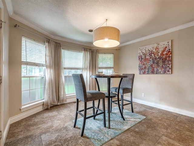 17213 Sunny Hollow Rd, Edmond, OK 73012 - dining space featuring ornamental molding and a textured ceiling