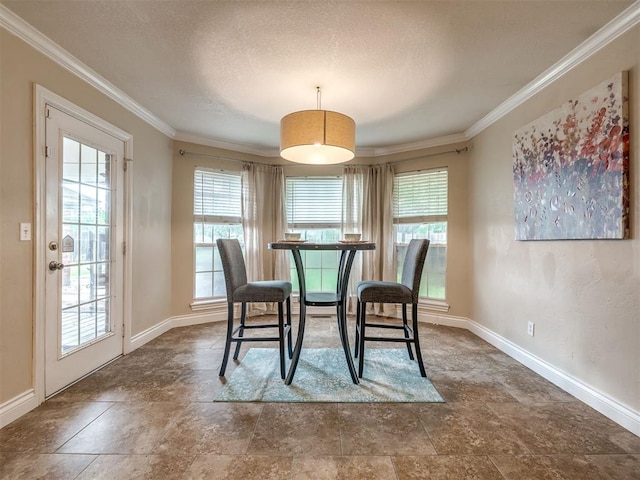 17213 Sunny Hollow Rd, Edmond, OK 73012 - dining space with stone finish flooring, crown molding, and a textured ceiling