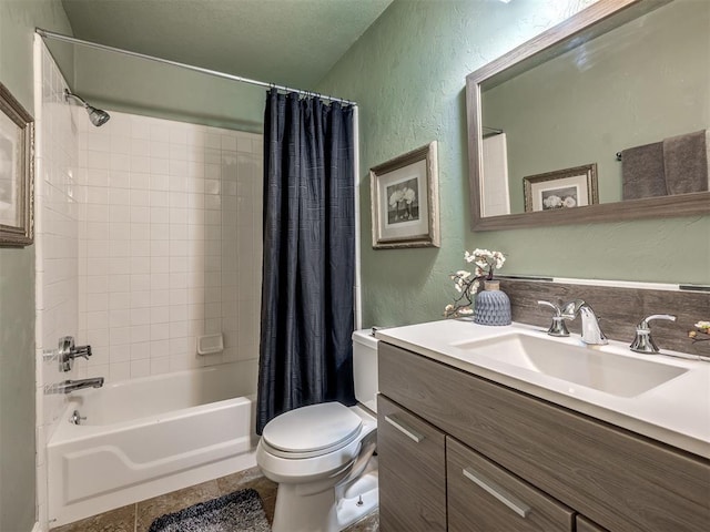17213 Sunny Hollow Rd, Edmond, OK 73012 - bathroom with a textured wall, shower / tub combo, vanity, and tile patterned flooring
