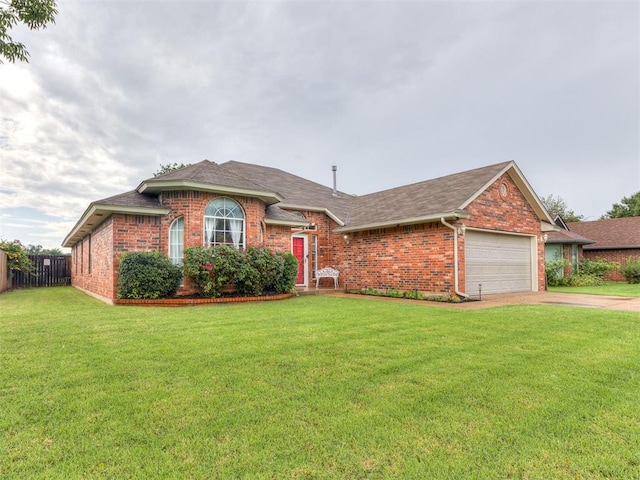 17213 Sunny Hollow Rd, Edmond, OK 73012 - ranch-style house with brick siding, a garage, driveway, and a shingled roof