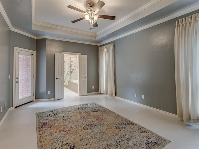 3716 Equestrian Ct, Edmond, OK 73034 - unfurnished room featuring ceiling fan, a raised ceiling, and ornamental molding