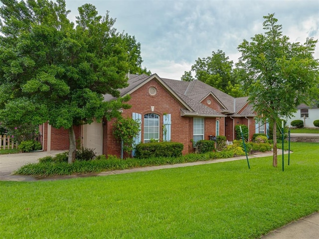 3716 Equestrian Ct, Edmond, OK 73034 - view of front of house featuring brick siding, a front lawn, concrete driveway, and roof with shingles