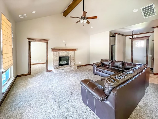 2010 Lakewood, Seminole, OK 74868 - living area with a stone fireplace, carpet, ceiling fan, and recessed lighting