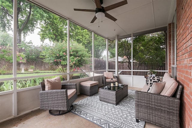 14213 Pecan Hollow Ter, Edmond, OK 73013 - sunroom / solarium featuring ceiling fan and outdoor lounge area