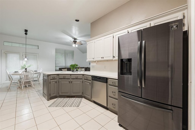 14213 Pecan Hollow Ter, Edmond, OK 73013 - kitchen with stainless steel appliances, gray cabinets, a peninsula, light countertops, and ceiling fan
