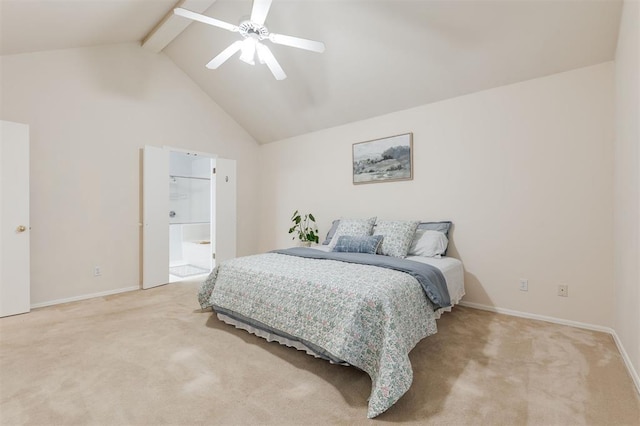 14213 Pecan Hollow Ter, Edmond, OK 73013 - bedroom featuring light colored carpet, beamed ceiling, high vaulted ceiling, and ceiling fan