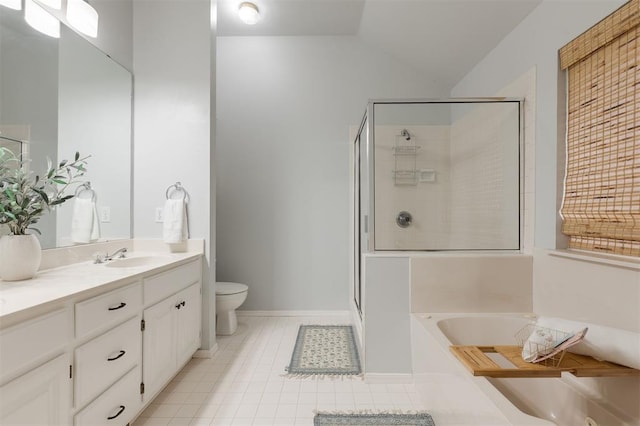 14213 Pecan Hollow Ter, Edmond, OK 73013 - bathroom with a bath, vanity, a stall shower, tile patterned floors, and vaulted ceiling