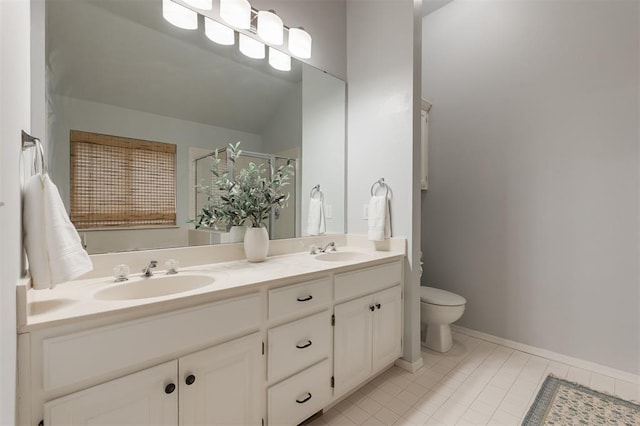 14213 Pecan Hollow Ter, Edmond, OK 73013 - full bathroom featuring double vanity, tile patterned flooring, and an enclosed shower