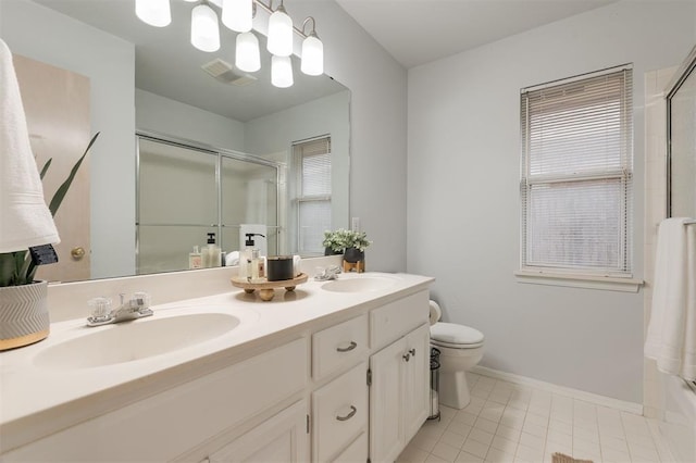 14213 Pecan Hollow Ter, Edmond, OK 73013 - full bath featuring a shower with door, double vanity, tile patterned flooring, and a tub to relax in