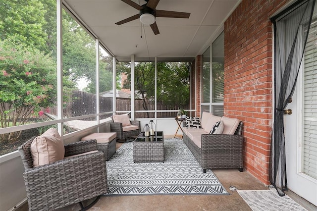 14213 Pecan Hollow Ter, Edmond, OK 73013 - sunroom / solarium with ceiling fan and outdoor lounge area