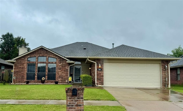 720 SW 153rd St, Oklahoma City, OK 73170 - ranch-style house with driveway, an attached garage, a front lawn, and roof with shingles