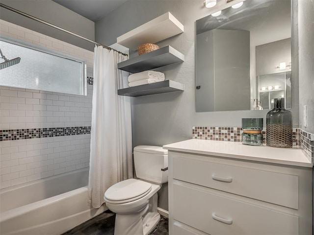 3604 Valley Creek Cir, Edmond, OK 73034 - full bathroom featuring vanity, shower / bath combo, and decorative backsplash