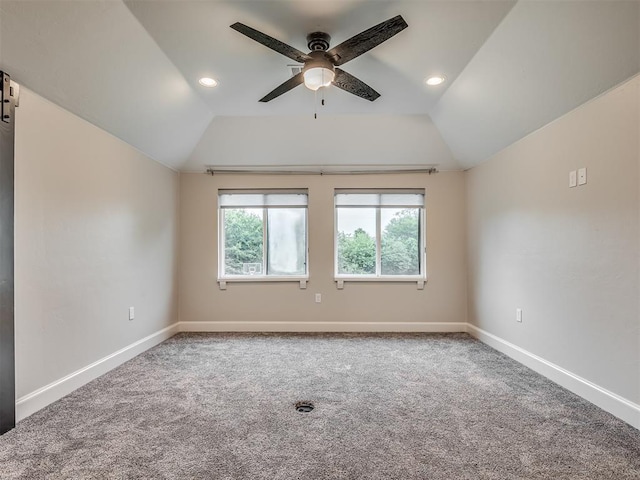 3604 Valley Creek Cir, Edmond, OK 73034 - spare room with lofted ceiling, ceiling fan, carpet flooring, and recessed lighting