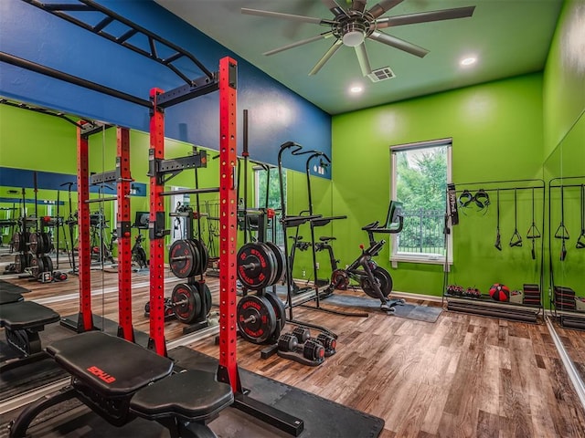 3604 Valley Creek Cir, Edmond, OK 73034 - exercise room featuring wood finished floors, a ceiling fan, and recessed lighting