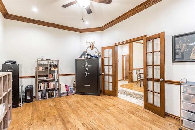2525 Steeplechase Rd, Edmond, OK 73034 - office space with french doors, crown molding, wood finished floors, ceiling fan, and recessed lighting