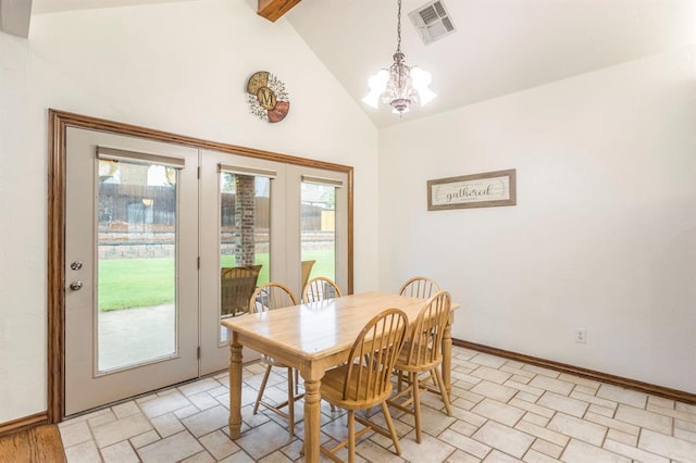 2525 Steeplechase Rd, Edmond, OK 73034 - dining space with a chandelier, healthy amount of natural light, high vaulted ceiling, and beam ceiling