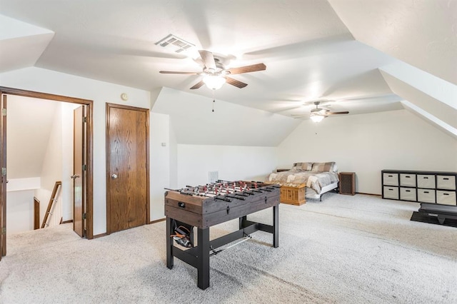 2525 Steeplechase Rd, Edmond, OK 73034 - playroom featuring carpet floors, ceiling fan, and vaulted ceiling