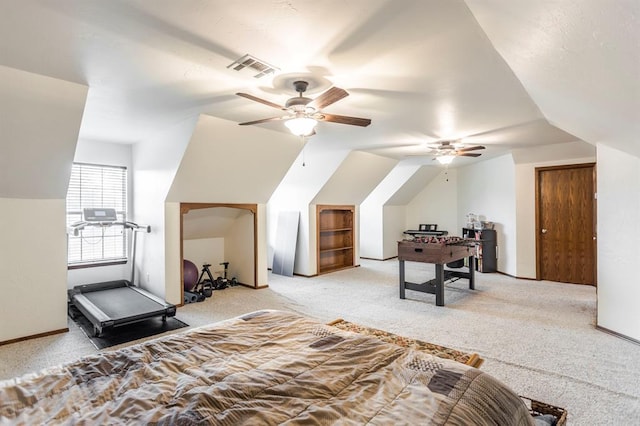 2525 Steeplechase Rd, Edmond, OK 73034 - bedroom with lofted ceiling, carpet floors, and a ceiling fan