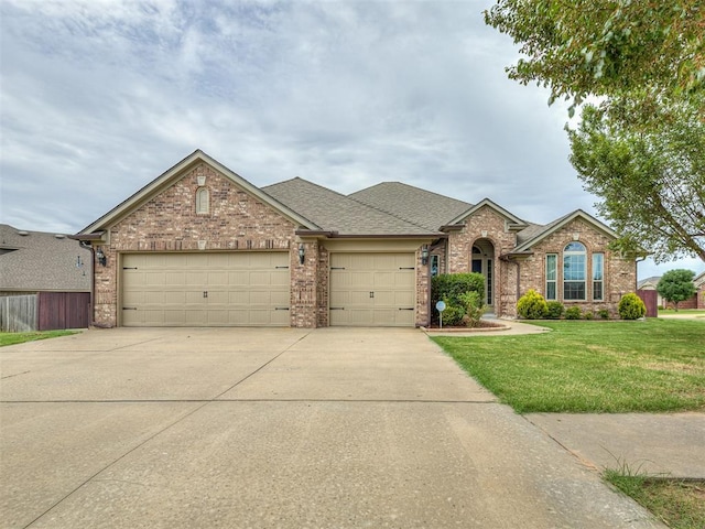 18501 El Greco Dr, Edmond, OK 73012 - traditional-style home with driveway, an attached garage, brick siding, a front lawn, and a shingled roof