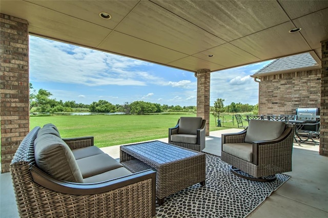 15936 SW 12th St, Yukon, OK 73099 - view of patio / terrace featuring a water view, a grill, and outdoor lounge area