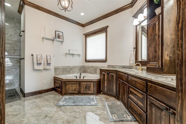15936 SW 12th St, Yukon, OK 73099 - full bathroom with ornamental molding, a garden tub, vanity, and recessed lighting