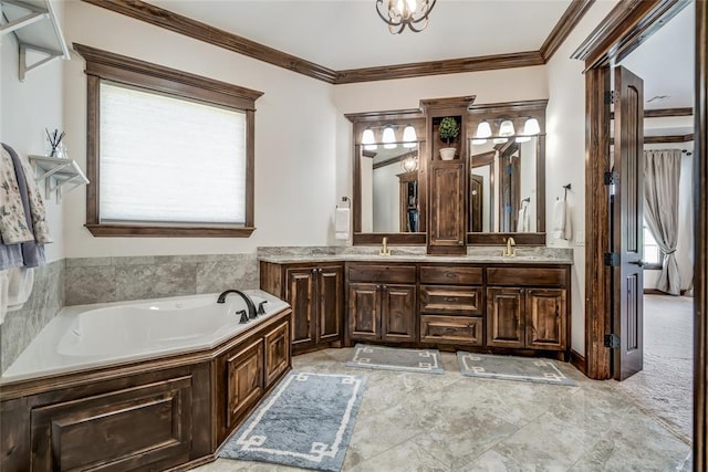 15936 SW 12th St, Yukon, OK 73099 - bathroom featuring double vanity, a garden tub, and crown molding